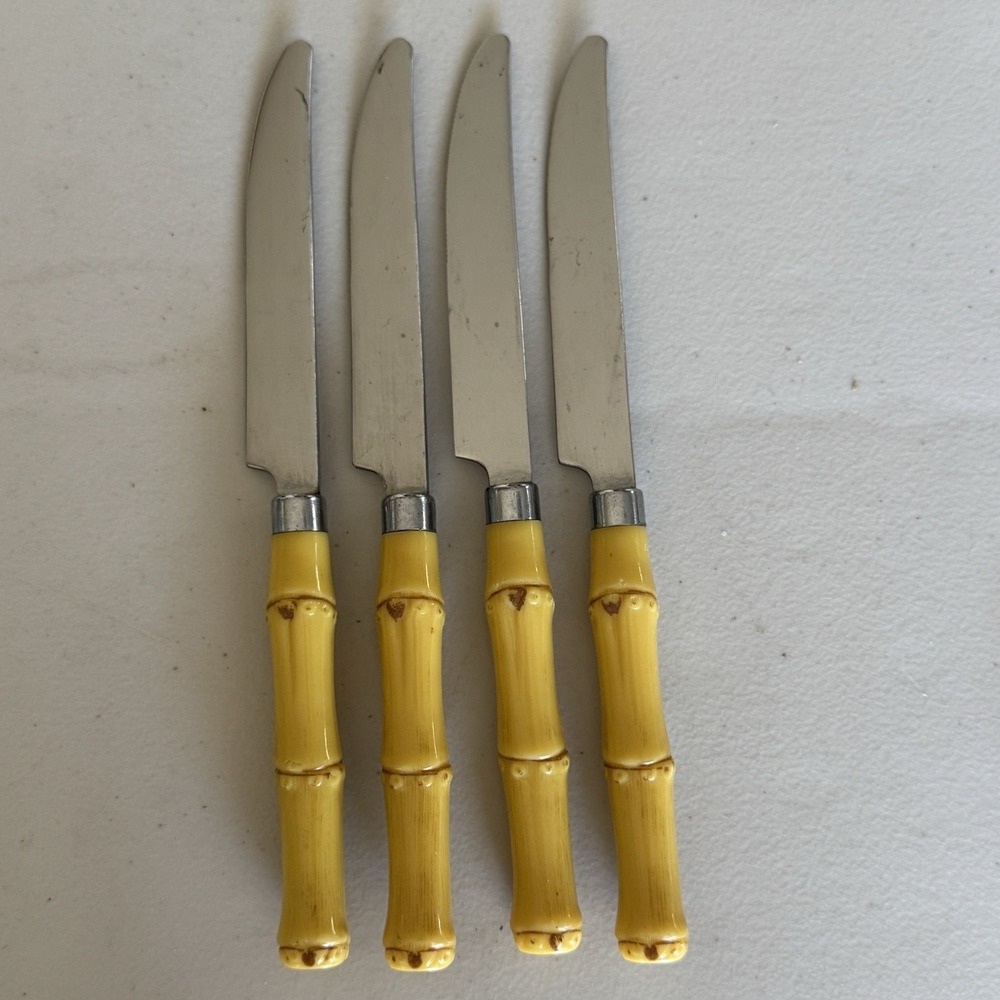 Vintage Gibson Faux Bamboo Handle Tropical Stainless Steel Set Of 4 Knives 9”